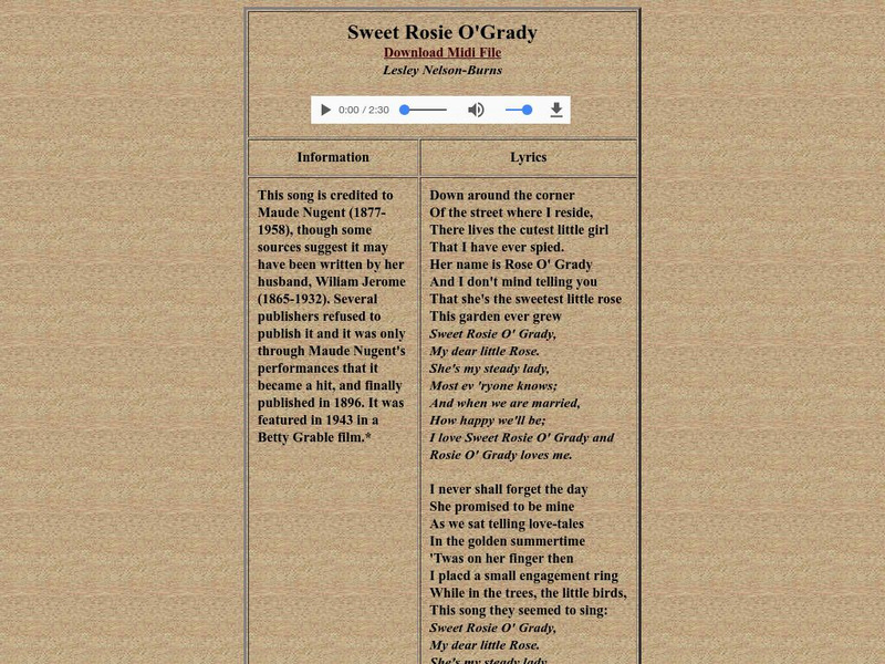 Lyrics and Music to "Sweet Rosie O'grady" Website