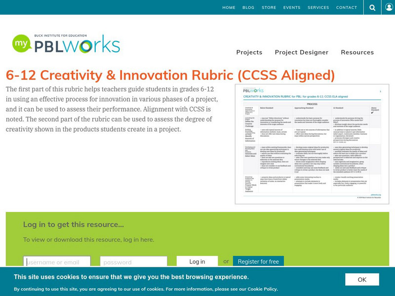 Pbl Works: Creativity & Innovation Rubric (Ccss Aligned) Rubric Pbl Works: Creativity & Innovation Rubric (Ccss Aligned) Rubric