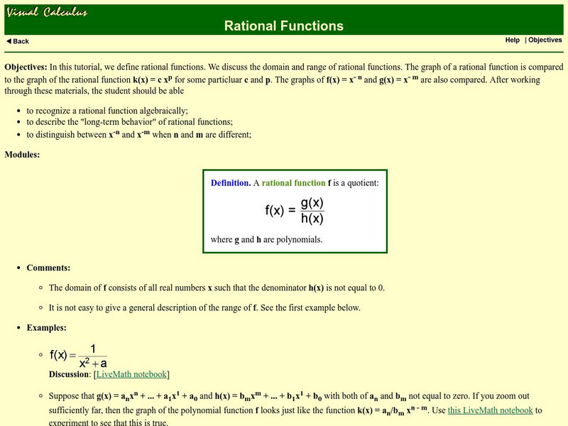 Math Archives: Visual Calculus: Rational Functions Website