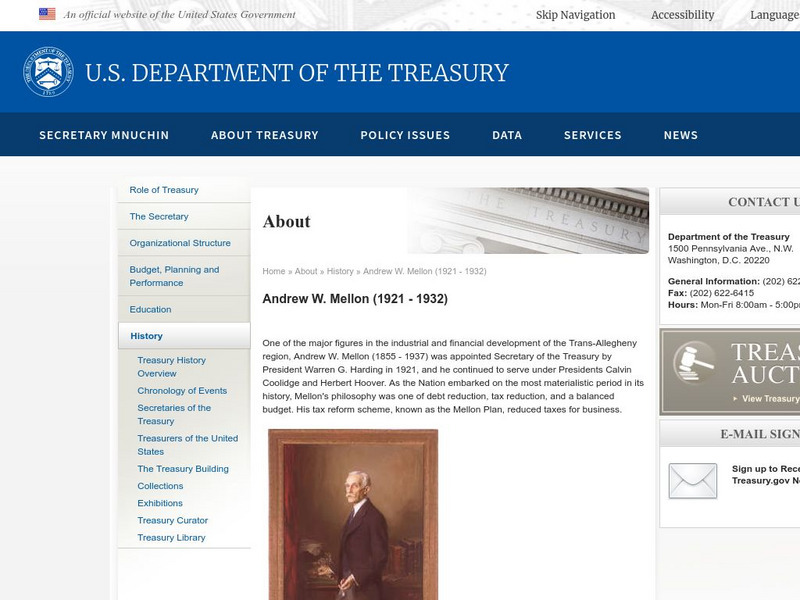 U.s. Department of the Treasury: History: Andrew W. Mellon (1921 1932) Handout U.s. Department of the Treasury: History: Andrew W. Mellon (1921 1932) Handout