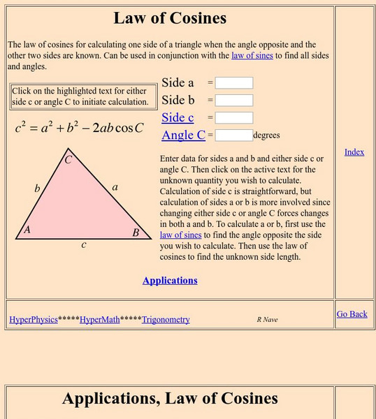 Georgia State University: Hyper Physics: Laws of Sines and Cosines Handout