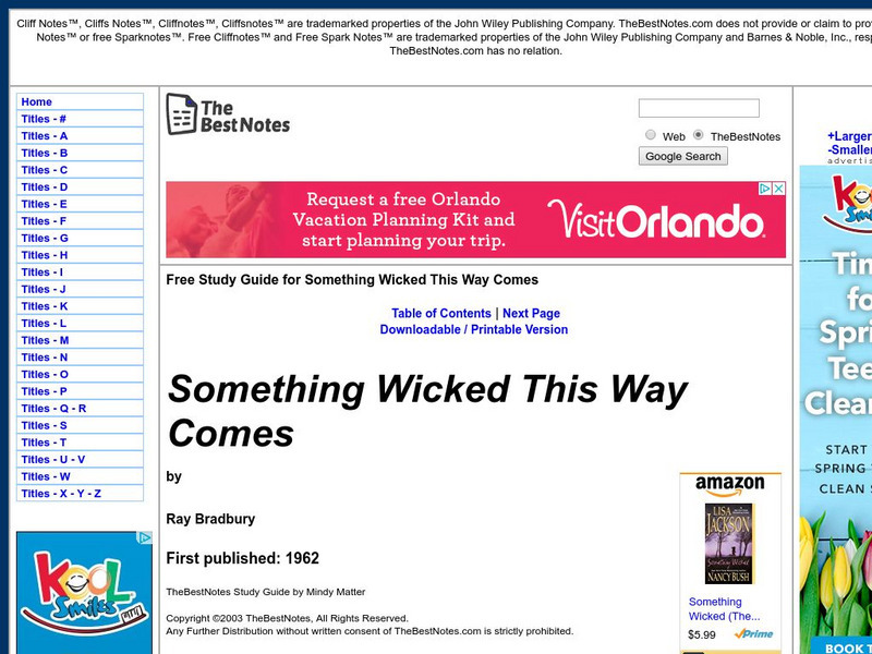 The Best Notes: Something Wicked This Way Comes by Ray Bradbury Unit Plan The Best Notes: Something Wicked This Way Comes by Ray Bradbury Unit Plan