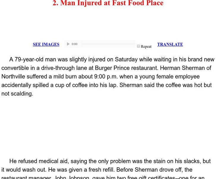 Esl: English for Intermediate Learners (2): Man Injured at Fast Food Place Unit Plan Esl: English for Intermediate Learners (2): Man Injured at Fast Food Place Unit Plan
