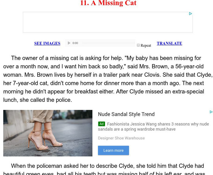 Esl: English for Intermediate Learners (2): A Missing Cat Unit Plan Esl: English for Intermediate Learners (2): A Missing Cat Unit Plan