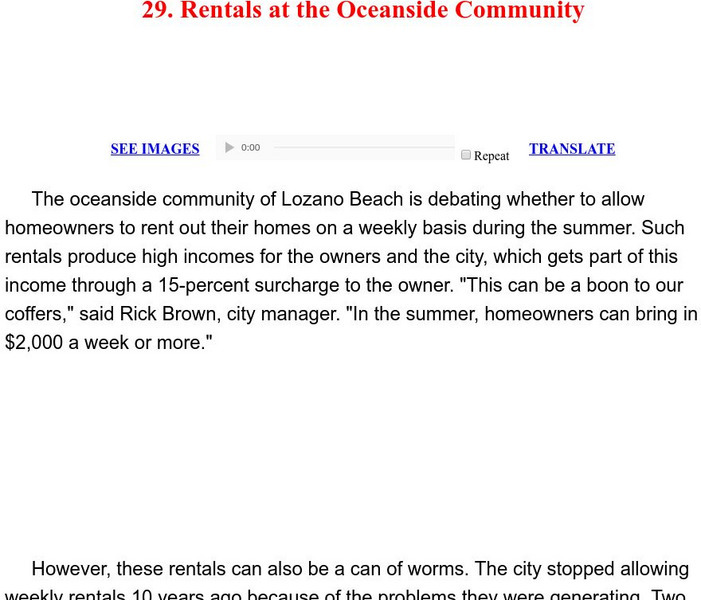Esl: English for Intermediate Learners (2): Rentals at the Oceanside Community Unit Plan Esl: English for Intermediate Learners (2): Rentals at the Oceanside Community Unit Plan