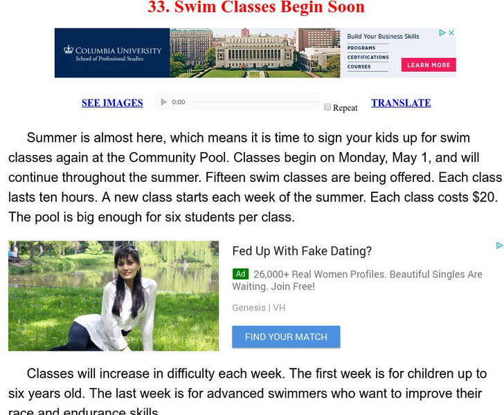 Esl: English for Intermediate Learners (2): Swim Classes Begin Soon Unit Plan Esl: English for Intermediate Learners (2): Swim Classes Begin Soon Unit Plan