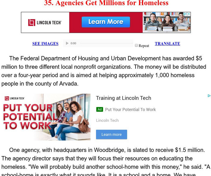 Esl: English for Intermediate Learners (2): Agencies Get Millions for Homeless Unit Plan Esl: English for Intermediate Learners (2): Agencies Get Millions for Homeless Unit Plan