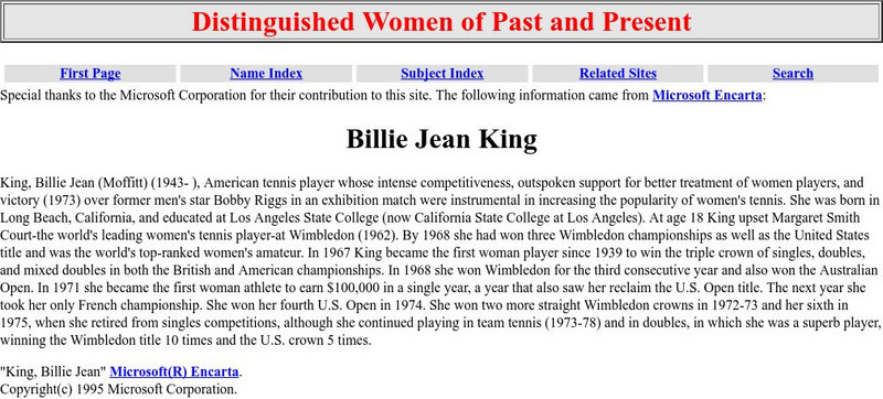 Distinguished Women of Past and Present: Billie Jean King Activity Distinguished Women of Past and Present: Billie Jean King Activity