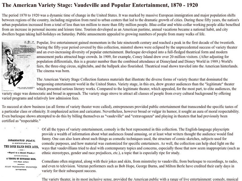 Loc: The American Variety Stage: Vaudeville 1870 1920 Handout Loc: The American Variety Stage: Vaudeville 1870 1920 Handout