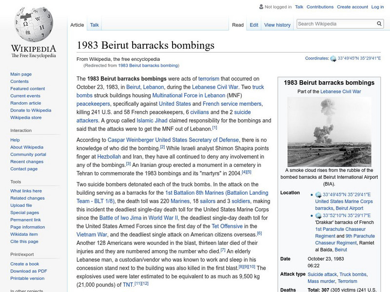 Wikipedia: 1983 Beirut Barracks Bombing Handout Wikipedia: 1983 Beirut Barracks Bombing Handout
