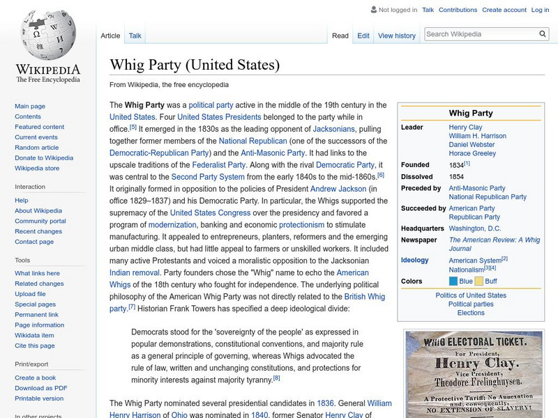 Wikipedia: Whig Party (United States) Handout Wikipedia: Whig Party (United States) Handout