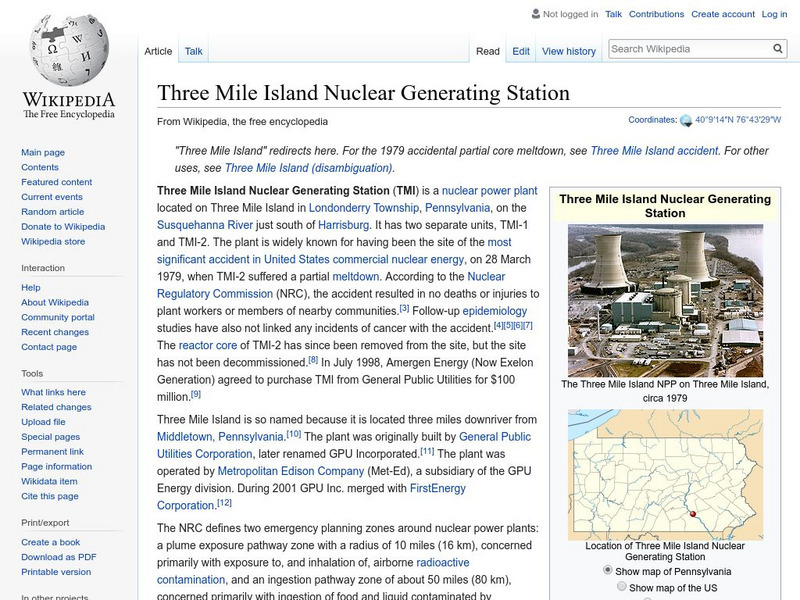 Wikipedia: Three Mile Island Nuclear Generating Station Handout