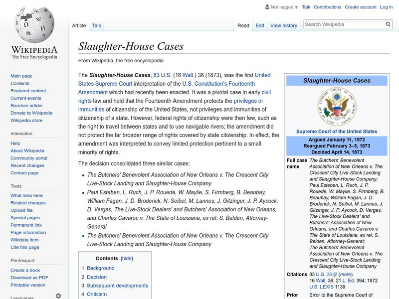 Wikipedia: The Slaughter House Cases Handout Wikipedia: The Slaughter House Cases Handout