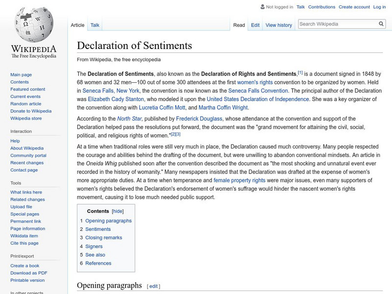 Wikipedia: Declaration of Sentiments Handout Wikipedia: Declaration of Sentiments Handout