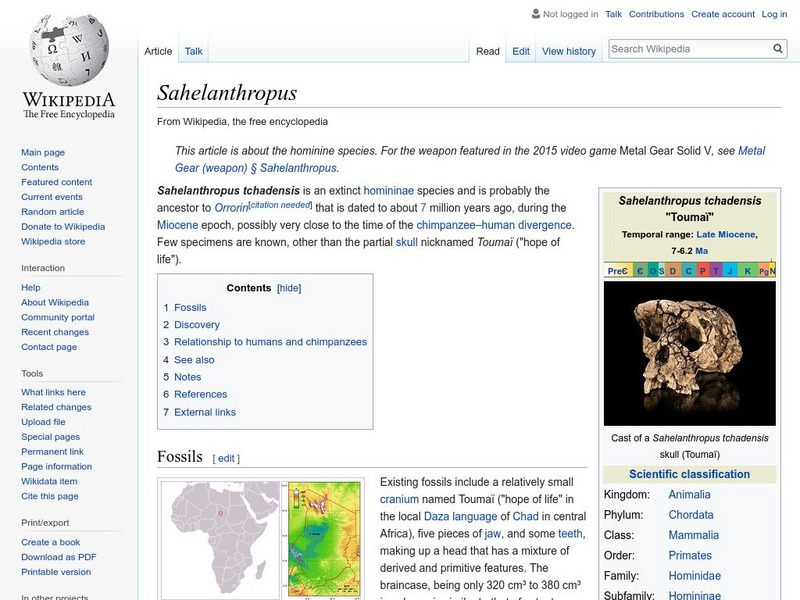 Wikipedia: Sahelanthropus Handout Wikipedia: Sahelanthropus Handout