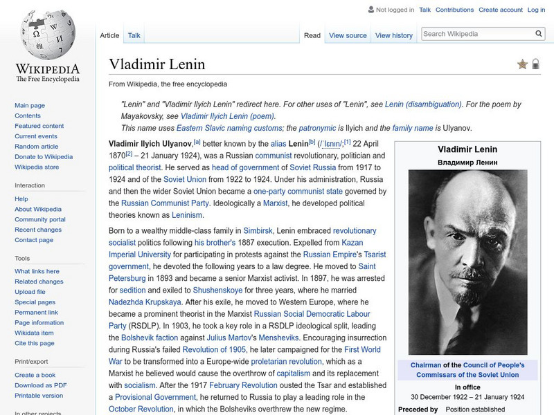 Wikipedia: Vladimir Lenin Handout Wikipedia: Vladimir Lenin Handout