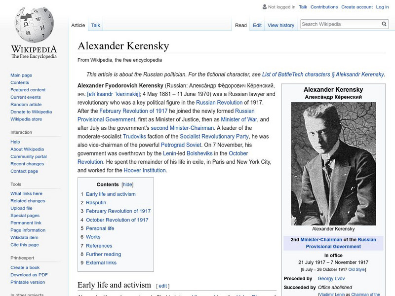 Wikipedia: Alexander Kerensky Handout