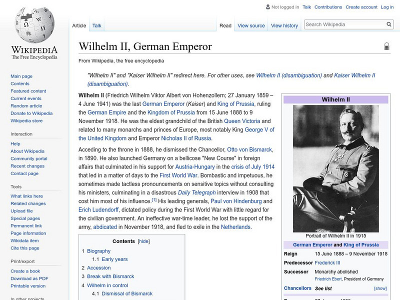 Wikipedia: Wilhelm Ii, German Emperor Handout Wikipedia: Wilhelm Ii, German Emperor Handout