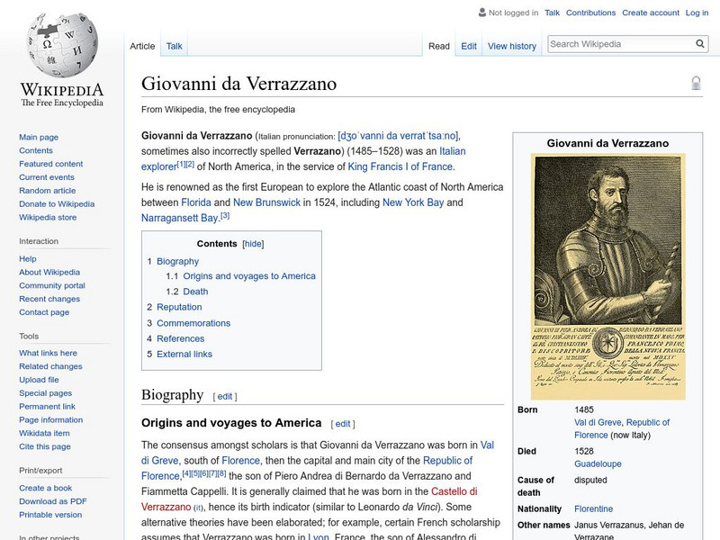Wikipedia: Giovanni Da Verrazzano Handout