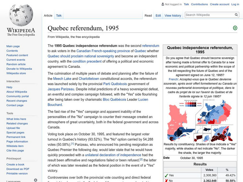 Wikipedia: Quebec Referendum, 1995 Handout Wikipedia: Quebec Referendum, 1995 Handout