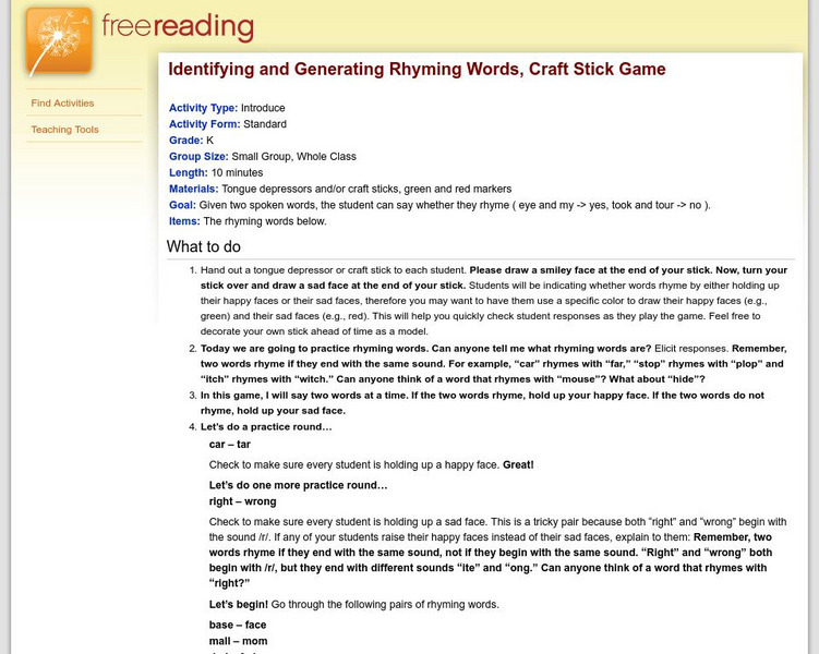 Free Reading: Craft Stick Game: Identifying and Generating Rhyming Words Activity Free Reading: Craft Stick Game: Identifying and Generating Rhyming Words Activity