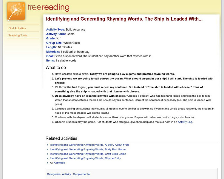 Free Reading: The Ship Is Loaded With: A Game Identifying and Generating Rhyming Words Unit Plan
