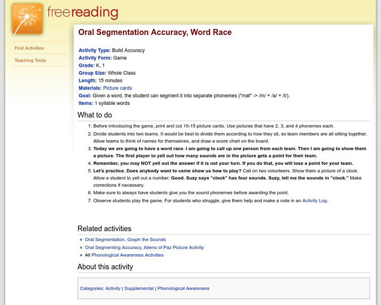 Free Reading: Word Race Game, Oral Segmentation Accuracy Unit Plan Free Reading: Word Race Game, Oral Segmentation Accuracy Unit Plan