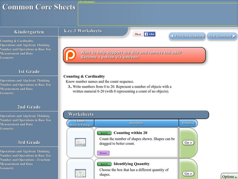 Common Core Sheets: Counting Within 20 Unknown Type Common Core Sheets: Counting Within 20 Unknown Type