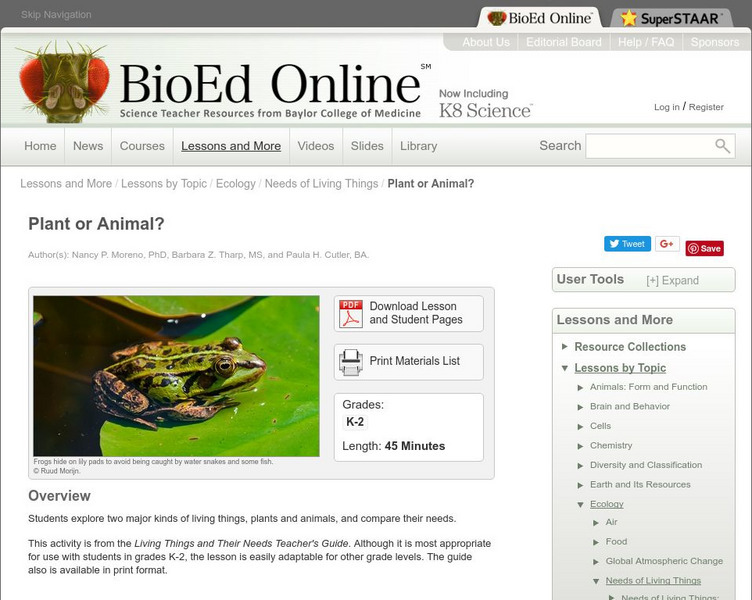 Bio Ed Online: Living Things and Their Needs: Plant or Animal? Lesson Plan Bio Ed Online: Living Things and Their Needs: Plant or Animal? Lesson Plan