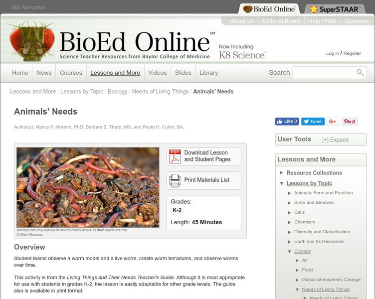 Bio Ed Online: Living Things and Their Needs: Animals' Needs Lesson Plan Bio Ed Online: Living Things and Their Needs: Animals' Needs Lesson Plan