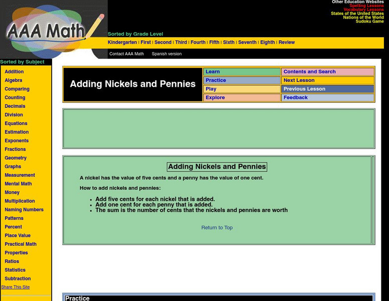 Aaa Math: Adding Nickels and Pennies Unit Plan Aaa Math: Adding Nickels and Pennies Unit Plan