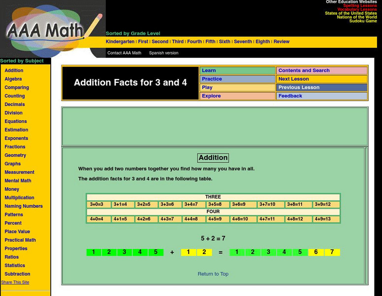 Aaa Math: Addition Facts Adding 3 and 4 Activity Aaa Math: Addition Facts Adding 3 and 4 Activity