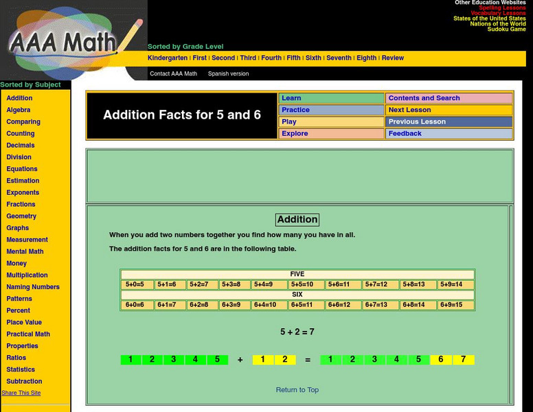 Aaa Math: Addition Facts: Adding 5 and 6 Activity Aaa Math: Addition Facts: Adding 5 and 6 Activity