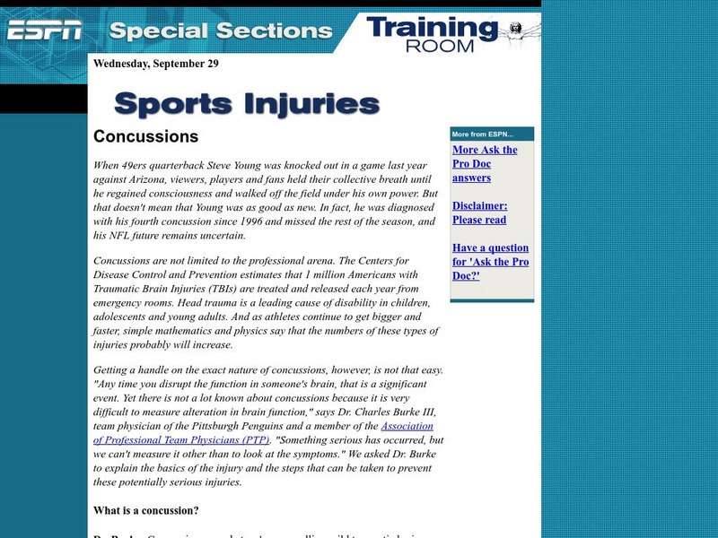 Espn: The Training Room: Concussions Handout Espn: The Training Room: Concussions Handout