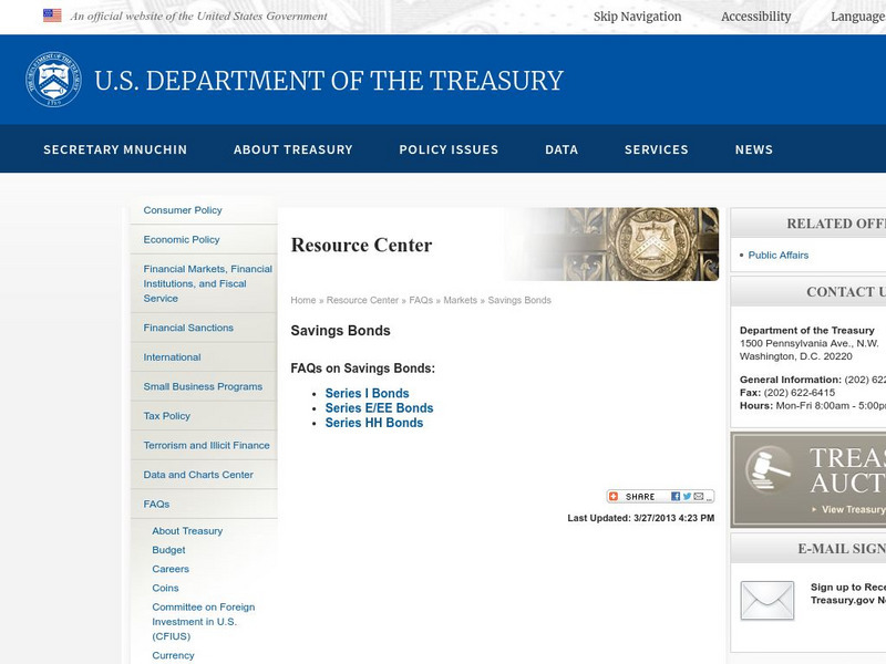 Department of Treasury: Faqs: Financial Markets: Savings Bonds Website Department of Treasury: Faqs: Financial Markets: Savings Bonds Website