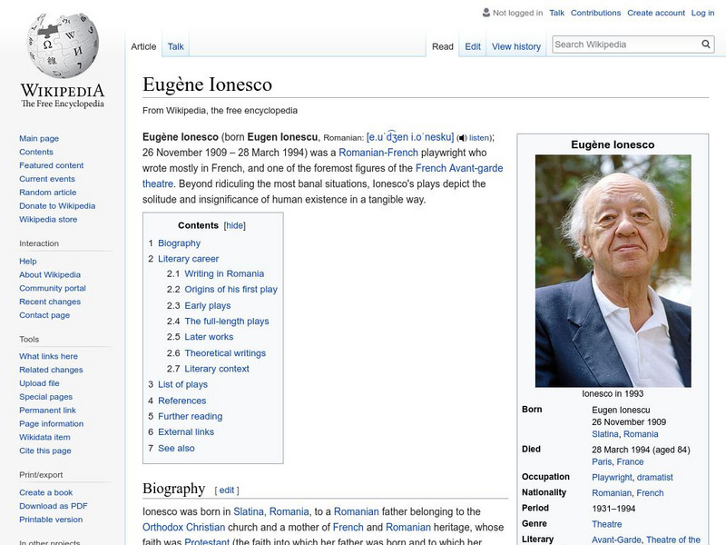 Wikipedia: Eugene Ionesco Handout Wikipedia: Eugene Ionesco Handout
