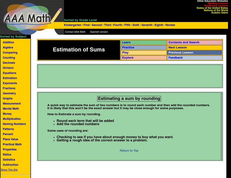 Aaa Math: Estimating a Sum by Rounding Activity Aaa Math: Estimating a Sum by Rounding Activity