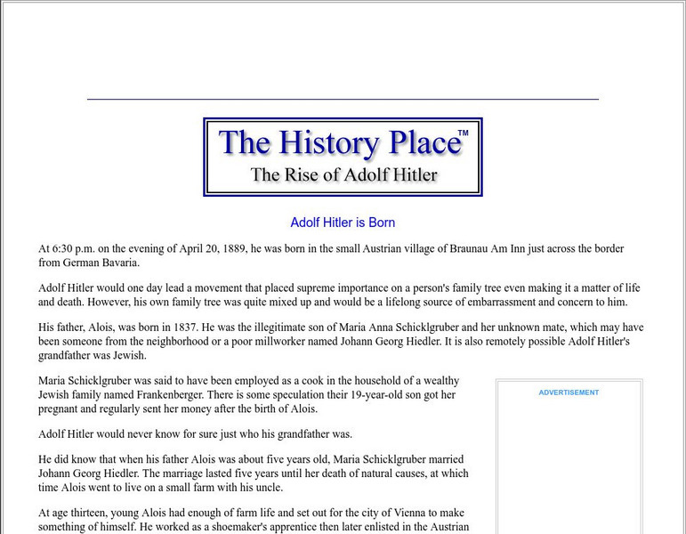 The History Place: The Rise of Adolf Hitler: Adolf Hitler Is Born Handout