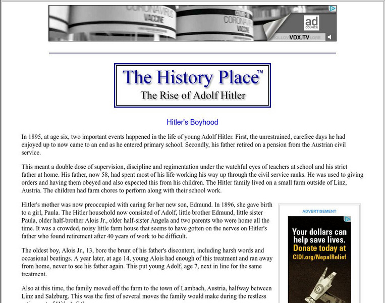 The History Place: The Rise of Adolf Hitler: Hitler's Boyhood Handout