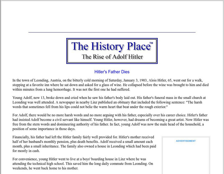 The History Place: The Rise of Adolf Hitler: Hitler's Father Dies Handout