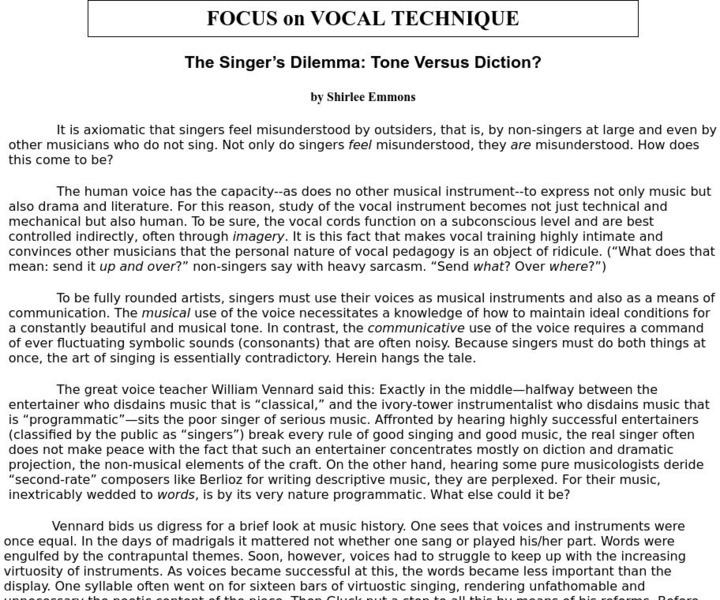 Vp: The Singer's Dilemma, Tone Versus Diction Article Vp: The Singer's Dilemma, Tone Versus Diction Article
