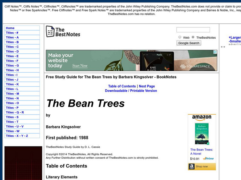 The Best Notes: Bean Trees by Barbara Kingsolver Unit Plan