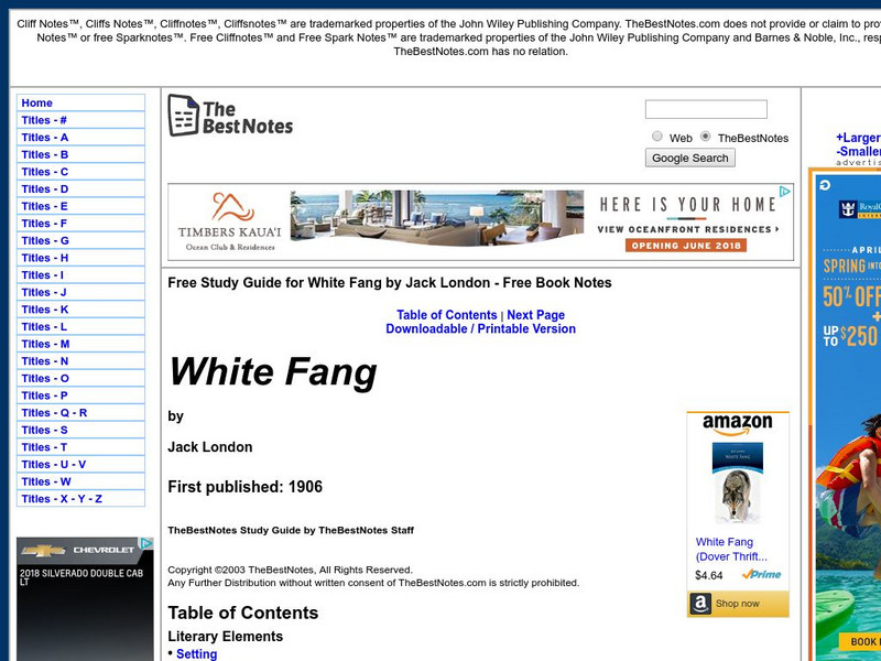 The Best Notes: White Fang by Jack London Unit Plan The Best Notes: White Fang by Jack London Unit Plan