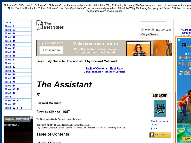 The Best Notes: The Assistant by Bernard Malamud Unit Plan The Best Notes: The Assistant by Bernard Malamud Unit Plan