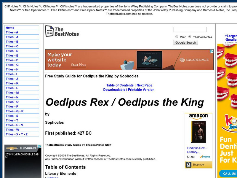 The Best Notes: Oedipus Rex / Oedipus the King by Sophocles Unit Plan The Best Notes: Oedipus Rex / Oedipus the King by Sophocles Unit Plan