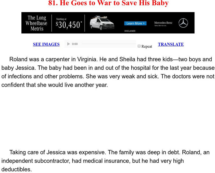 Esl: English for Intermediate Learners (2): He Goes to War to Save His Baby Unit Plan