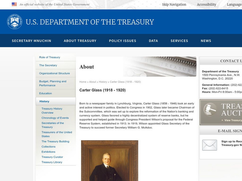 Secretaries of the Treasury: Carter Glass Handout Secretaries of the Treasury: Carter Glass Handout