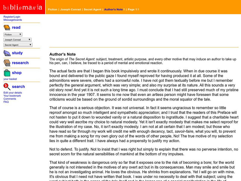 Bibliomania: "The Secret Agent" by Joseph Conrad, Text and Notes Handout Bibliomania: "The Secret Agent" by Joseph Conrad, Text and Notes Handout