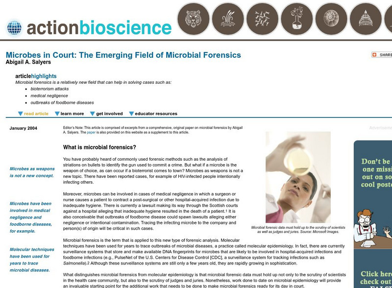 Action Bioscience: Microbes in Court: Emerging Field of Microbial Forensics Article