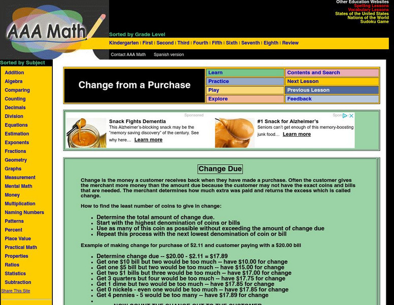 Aaa Math: Change Due Unit Plan Aaa Math: Change Due Unit Plan